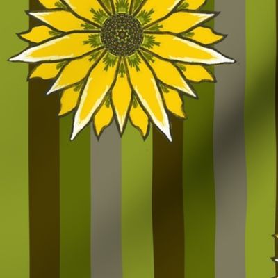 Jumbo - Hand Drawn Sunflowers on Variegated Brown and Green Stripes