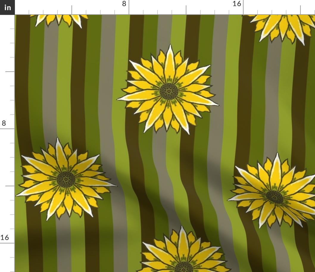 Jumbo - Hand Drawn Sunflowers on Variegated Brown and Green Stripes
