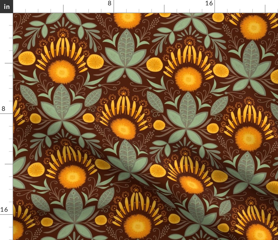 Boho style flower print with sage green, yellows and coffee browns color on dark brawn background