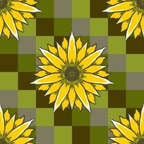 Large - Lain Snow X Spoonflower - Hand Drawn Sunflower on Diagonal Brown, Olive and Sage Green Checks