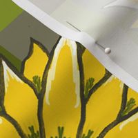 Jumbo - Lain Snow X Spoonflower - Hand Drawn Sunflowers on Diagonal Sage Green and Brown Checks 