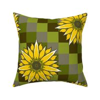 Jumbo - Lain Snow X Spoonflower - Hand Drawn Sunflowers on Diagonal Sage Green and Brown Checks 