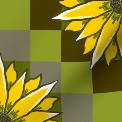 Jumbo - Lain Snow X Spoonflower - Hand Drawn Sunflowers on Diagonal Sage Green and Brown Checks 