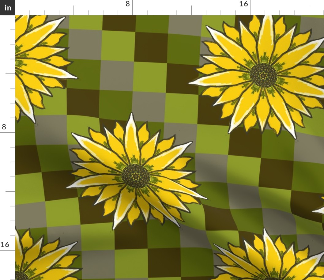 Jumbo - Lain Snow X Spoonflower - Hand Drawn Sunflowers on Diagonal Sage Green and Brown Checks 