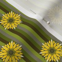 Lain Snow X Spoonflower: Floral Wilderness - Sunflowers on Brown and Green Stripes - Medium Scale