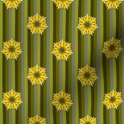 Lain Snow X Spoonflower: Floral Wilderness - Sunflowers on Brown and Green Stripes - Medium Scale