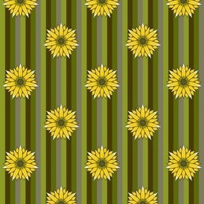 Lain Snow X Spoonflower: Floral Wilderness - Sunflowers on Brown and Green Stripes - Medium Scale