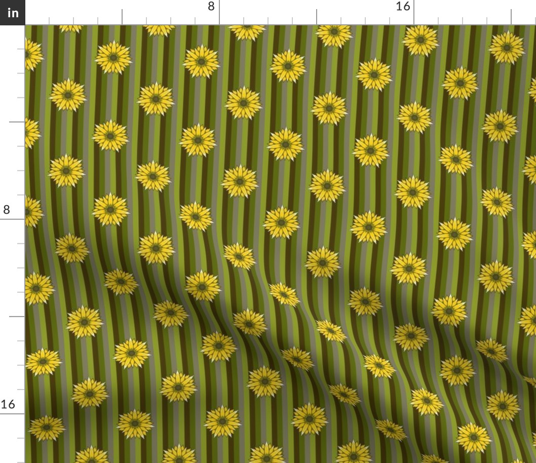 Lain Snow X Spoonflower: Floral Wilderness - Sunflowers on Brown and Green Stripes - Medium Scale