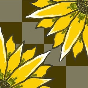 Jumbo - Hand Drawn Sunflowers on Sage and Brown Checks - non-directional