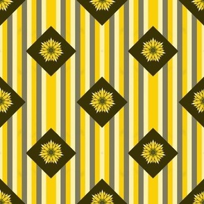 Medium - Hand Drawn Sunflower Motif within Striped Trellis of Yellow and Sage - Mini Cheater Quilt