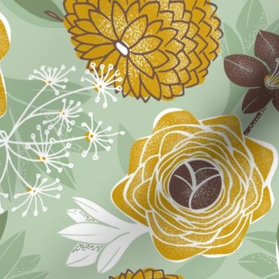 Jardin Fleuri - Boho Floral Sage Green Yellow Large Scale