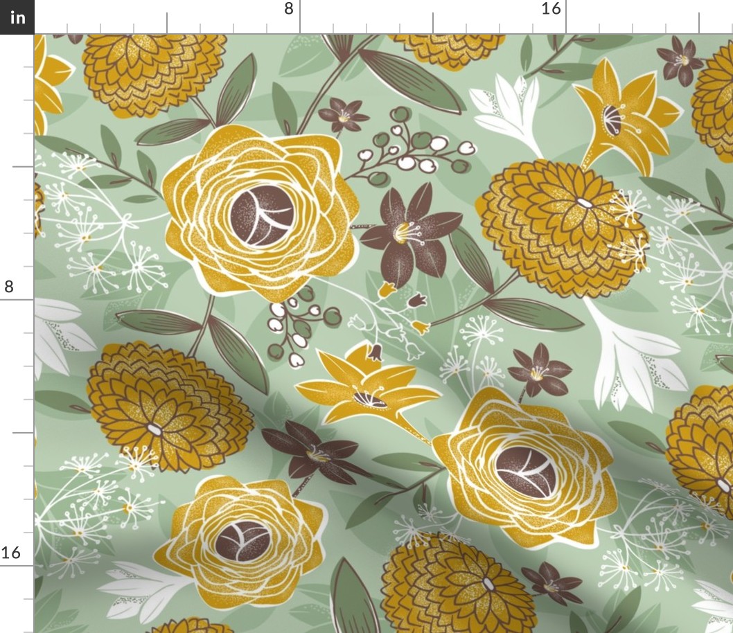 Jardin Fleuri - Boho Floral Sage Green Yellow Large Scale