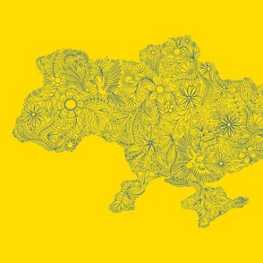 Map of Ukraine with flowers on yellow. Ukrainian ornament with flowers. 