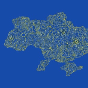 Map of Ukraine with yellow flowers on blue. Ukrainian ornament with flowers