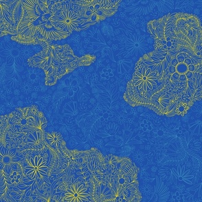 Stylized map of Ukraine with flowers on blue. Ukrainian ornaments