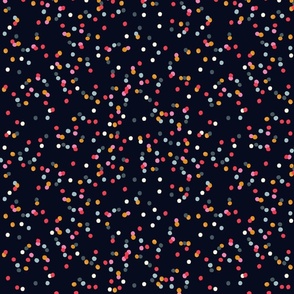 Colorful round confetti on black. Cute polka dots