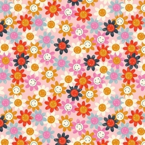 Colorful flowers with smiling face on pink. Hippie, Groovy style, 60s, 70s