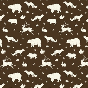 Forest friends. Elegant woodland fauna on brown. Autumn pattern