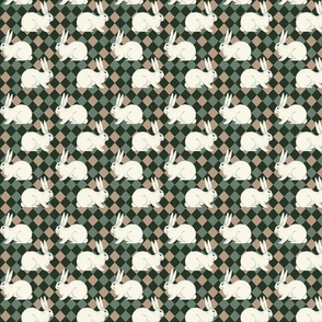 White rabbit on checkered beige and green background. Year of the Rabbit