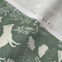 Forest friends. Elegant woodland flora and fauna on green
