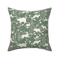Forest friends. Elegant woodland flora and fauna on green