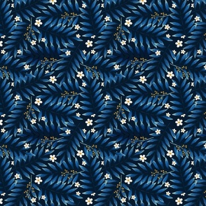 Blue leaves with white flowers on black. Dark flora