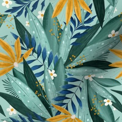 Mint botanicals. Mint and blue leaves with yellow and flowers