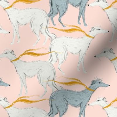 Cute Borzoi.  Dogs pattern. Canine print on peach