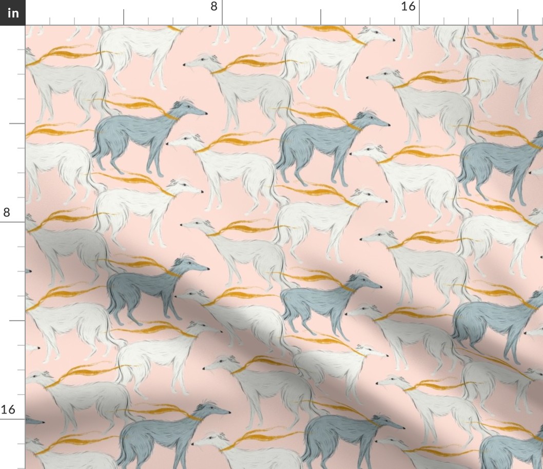 Cute Borzoi.  Dogs pattern. Canine print on peach