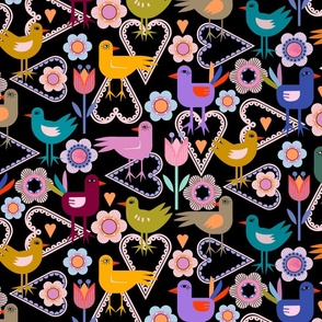 AB8010-012 Les Fleurs - Folk Birds - Black Canvas Fabric