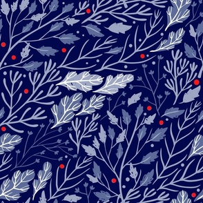Leaves and berry branches on deep blue 
