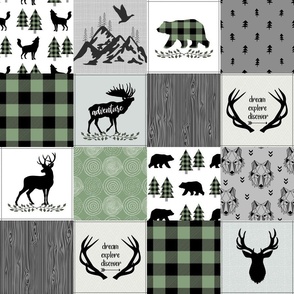 4 1/2" Woodland Animals Cheater Quilt Top – Forest Green / Black, Gray Patchwork Blanket, GL-BF