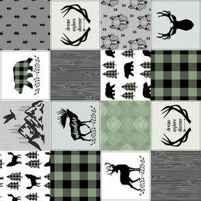 4 1/2" Woodland Animals Cheater Quilt Top – Forest Green / Black, Gray Patchwork Blanket, GL-BF, rotated
