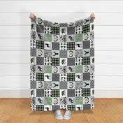 Woodland Animals Cheater Quilt Top – Forest Green / Black, Gray Patchwork Blanket, GL-BF, rotated