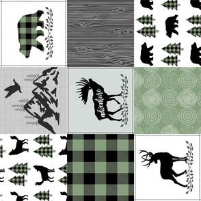 Woodland Animals Cheater Quilt Top – Forest Green / Black, Gray Patchwork Blanket, GL-BF, rotated