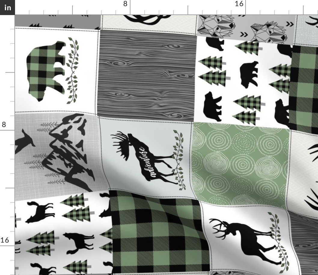 Woodland Animals Cheater Quilt Top – Forest Green / Black, Gray Patchwork Blanket, GL-BF, rotated