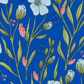 Botanical floral deep blue fabric