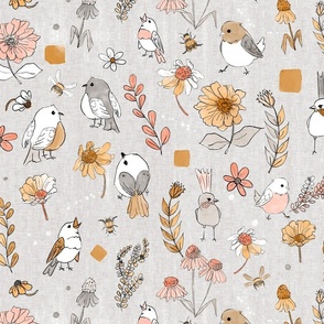Birds on a Picnic -Rust colors  on gray linen background (large scale)