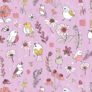 Birds on a Picnic-fresh pinks on pink with white texture (large scale)