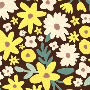 Cream and Yellow Daisies on Brown | Medium | Hand-Painted Floral Daisies