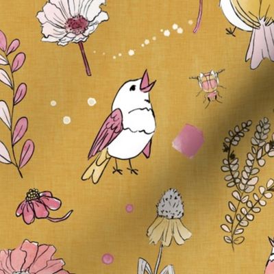 Birds on a Picnic-fresh pinks on gold textured background (large scale)