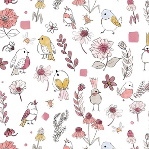 Birds on a Picnic-fresh pinks on white background (large scale)