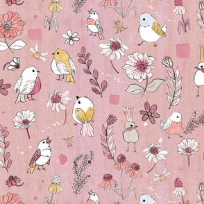 Birds on a Picnic -fresh pinks on pink with rust and white texture (large scale)