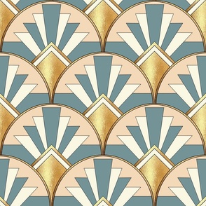 Art Deco Scallops in Pink, Teal and Gold (Medium)