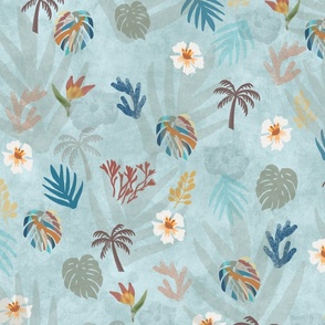 Tropical, Beach, Floral, Flowers, Watercolor,  Aqua, Teal, Blue, Beach, Coastal, Leaves, Summer, Spring, JG Anchor Designs by Jenn Grey