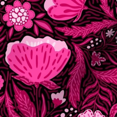 Boho - Folk Floral Hot pink on black L