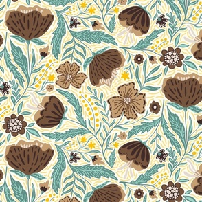 Boho - Folk Floral coffee brown_ sage and yellow L