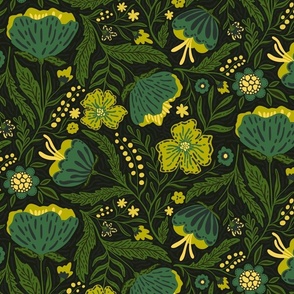 Boho - Folk Floral moody green with yellow L