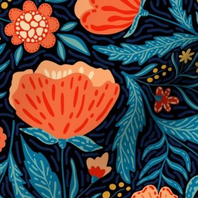 Boho - Folk Floral Neutral red blue on black L