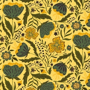 Boho - Folk Floral mustard yellow with moody green L